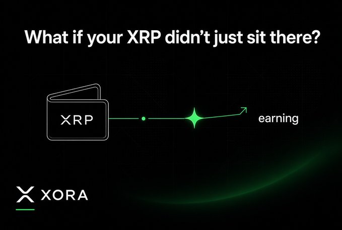 An advertisement for XORA with the text 'What if your XRP didn't just sit there?' featuring a graphic of an XRP wallet with a glowing green arrow pointing toward the word 'earning'.