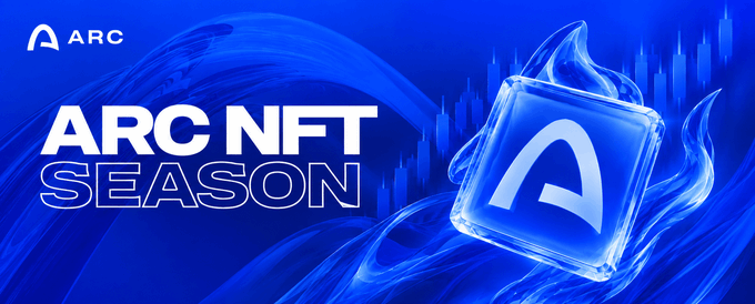 A promotional graphic with a blue background reading 'ARC NFT SEASON' next to a 3D 'A' logo cube surrounded by flames and a stock chart silhouette.