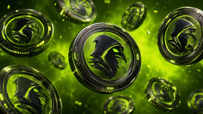 A digital rendering of floating metallic coins featuring a hooded figure emblem, set against a glowing green background.