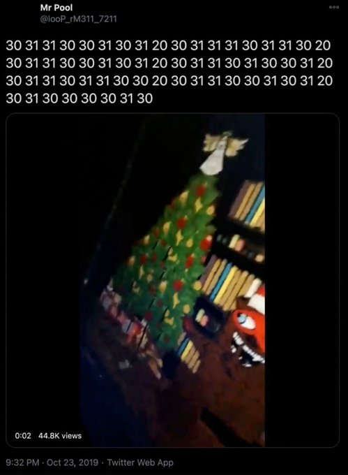 A tweet-style screenshot from “Mr Pool” (@loop_rM311_7211) shows rows of 30s and 31s above a blurred image of a Christmas-decorated interior, with “0:02 44.8K views” and “9:32 PM · Oct 23, 2019 · Twitter Web App” visible. The post frames the dated image and countdown-like numbers as the end of a “BELIEVE”-themed journey, linking the numbers to the calendar and Christmas decorations.