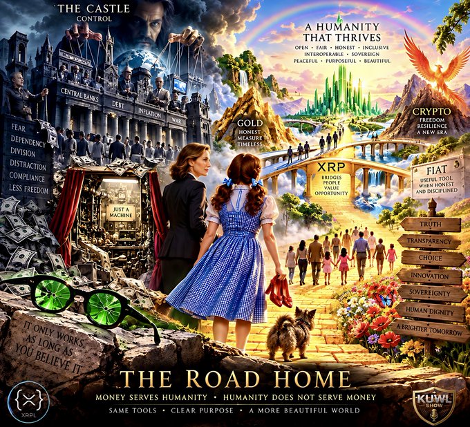 The image is a vivid, allegorical digital artwork titled "THE ROAD HOME," featuring a young girl resembling Dorothy from *The Wizard of Oz* walking down the yellow brick road alongside a modern woman in business attire, a small dog, and green glowing glasses labeled "XRP." On the left, a dark "CASTLE OF CONTROL" depicts financial institutions (Central Banks, IMF, Debt, Fiat) as manipulative puppeteers, while the right showcases a utopian vision with "A HUMANITY THAT THRIVES" via Gold, Crypto, and an XRP bridge symbolizing honest value and opportunity. Text at the bottom reinforces the theme: "MONEY SERVES HUMANITY • HUMANITY DOES NOT SERVE MONEY • SAME TOOLS • CLEAR PURPOSE • A MORE BEAUTIFUL WORLD," with tags mentioning Judy Shelton, Ripple, and XRP—aligning with the post's narrative contrasting oppressive fiat systems with a hopeful crypto-driven future.