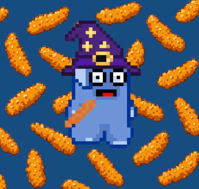 A pixel art illustration of a blue ghost-like character wearing a purple wizard hat with yellow stars, surrounded by floating corn dogs against a blue background.