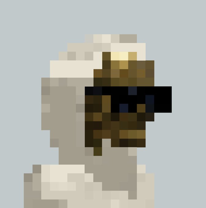 Pixel art portrait of a figure wearing a white headwrap and dark sunglasses with a beard against a light gray background.