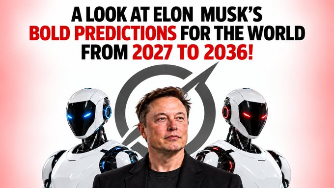 A YouTube thumbnail titled "A LOOK AT ELON MUSK'S BOLD PREDICTIONS FOR THE WORLD FROM 2027 TO 2036!" featuring Elon Musk flanked by two humanoid robots with glowing red and blue eyes.