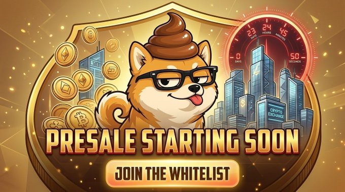 A promotional graphic featuring a Shiba Inu dog mascot with cryptocurrency coins, stating 'PRESALE STARTING SOON' and 'JOIN THE WHITELIST'.