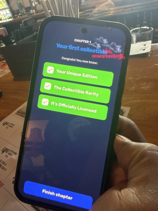 A smartphone displays "CHAPTER 1: Your first collectible" with three checked green boxes confirming the user knows "Your Unique Edition," "The Collectible Rarity," and "It's Officially Licensed."