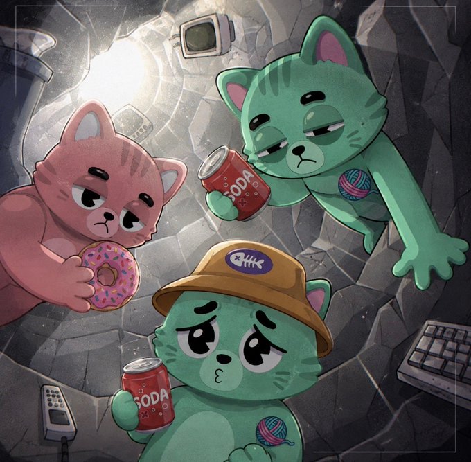 Three cartoon cats (two green, one pink) with grumpy expressions gather together, holding soda cans and a donut against a rocky, tech-themed background.