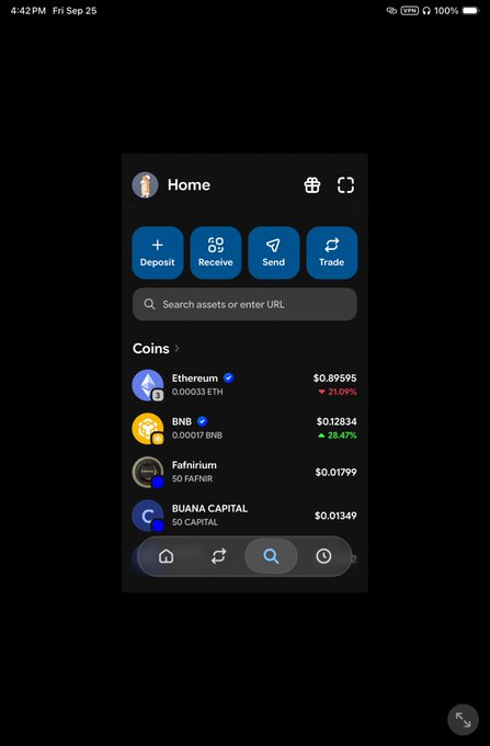 Screenshot of a crypto wallet app showing the Home screen with coin balances including Ethereum (0.00033 ETH at $0.85995, +21.09%), BNB (0.00019 BNB at $0.12834, +26.47%), Fafnirium, and BUANA CAPITAL, along with Deposit, Receive, Send, and Trade buttons.