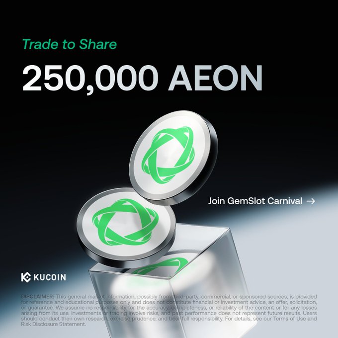 A KuCoin promotional banner for the "Trade to Share" campaign offering 250,000 AEON tokens, featuring green AEON coin graphics and a "Join GemSlot Carnival" call-to-action that ties directly to the post's announcement of the new GemSlot event where users can trade AEON (with 2x volume boost) for a chance to win rewards.