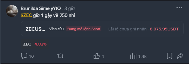 A screenshot of a social media post by Brunilda Sime about ZECUSDT/ZEC cryptocurrency, showing a -4.82% drop with an open short position of -6,075.95 USDT and 1.4K views.