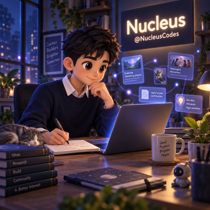 A 3D-style illustration of a young man working at a laptop in a cozy room with a cat, books labeled 'Ideas, Research, Build, Community, A Better Internet', and a sign reading 'Nucleus @NucleusCodes'.