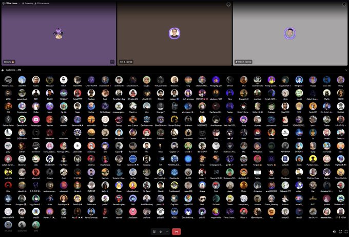 A screenshot of an Office Hours video call with 376 attendees, showing three speaker views at the top (Honey, Tim & Chloe, Arman) and a grid of participant profile pictures below.