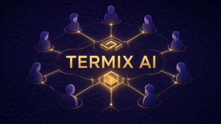 The image shows a dark purple graphic featuring stylized human figures connected by glowing golden lines to central diamond shapes, with the text "TERMIX AI" prominently displayed in the center, visually representing a network of interconnected agents. This illustrates the post's concept of Termix AI's AACP protocol, which enables autonomous AI agents to transact and settle commercially with one another through interconnected, peer-to-peer exchanges.