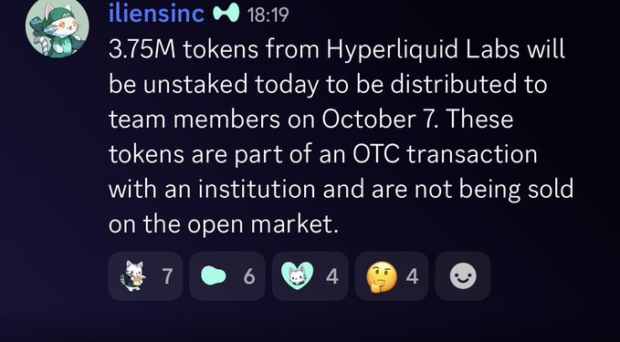 A Discord message from "iliensinc" at 18:19 announces that 3.75M tokens from Hyperliquid Labs will be unstaked and distributed to team members on October 7 via an OTC transaction with an institution, not sold on the open market. The post "Wow big unlock" refers to this significant 3.75 million token distribution event.