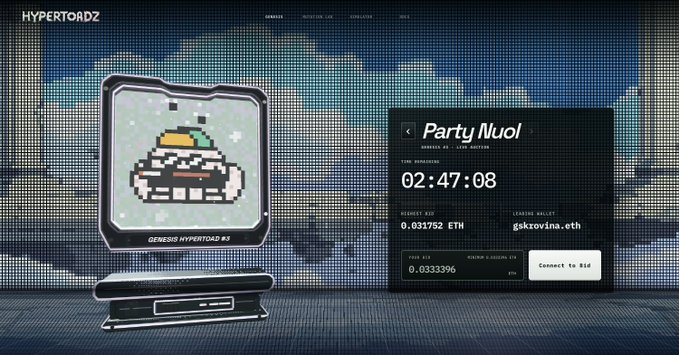 A digital NFT marketplace interface called 'HYPERTARDZ' displays a Genesis Hypertardz #83 pixel art piece titled 'Party Nuol' with a countdown timer showing 02:47:08 remaining and a current bid of 0.031752 ETH.