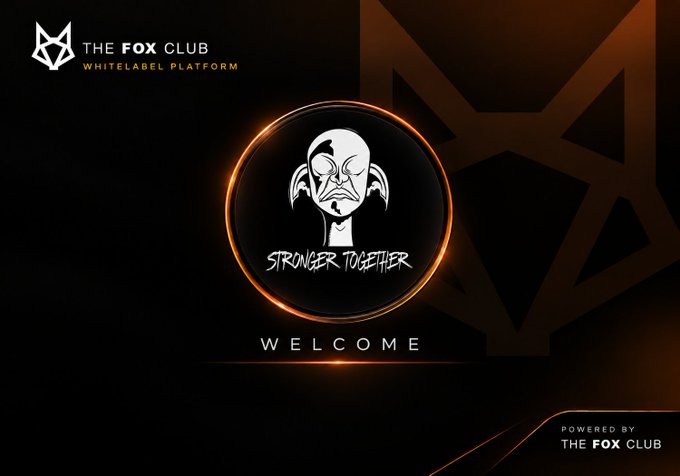 A dark welcome screen for "THE FOX CLUB WHITELABEL PLATFORM" featuring a circular logo with a stylized face and the text "STRONGER TOGETHER."
