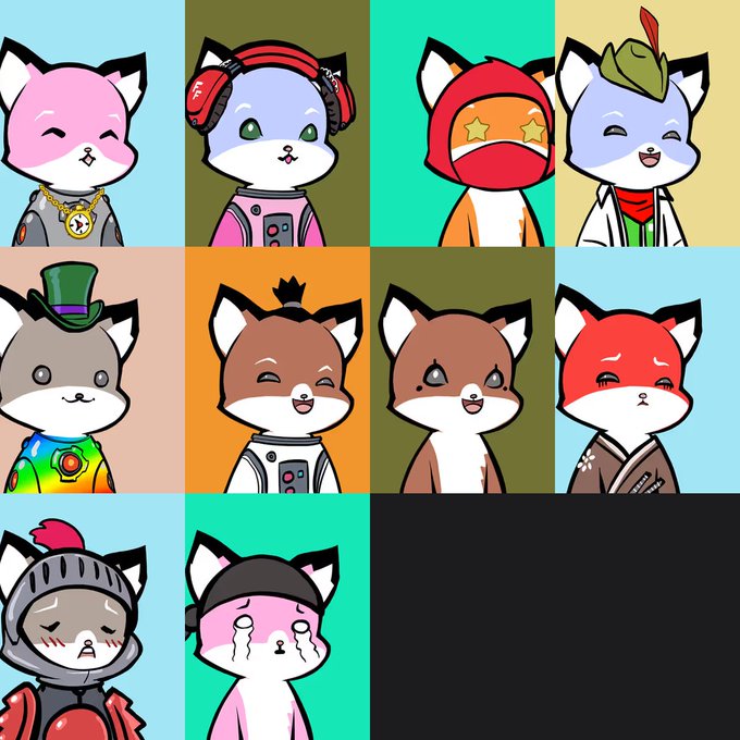 A grid of cartoon cat/fox characters with various colorful outfits and accessories, including a knight, a rapper with headphones, and a samurai.