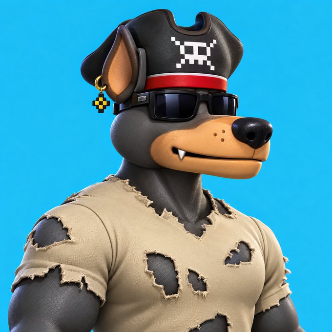 A 3D-rendered anthropomorphic dog character wearing a pirate hat with a skull design, pixelated sunglasses, and a torn beige t-shirt against a bright blue background.