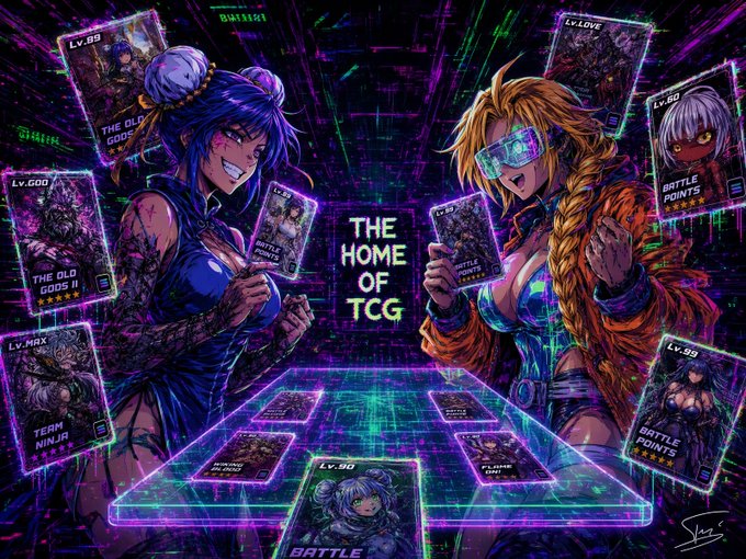 A vibrant, cyberpunk-style illustration depicts two stylized female characters—one with dark hair in a blue outfit, the other with long blonde braids and futuristic goggles—holding glowing trading cards around a neon-lit game board featuring various cards labeled "THE OLD GODS II," "BATTLE POINTS," "TEAM NINJA," and central text reading "THE HOME OF TCG."

The image's gacha/TCG aesthetic visually mirrors the post's "gacha machine" metaphor, framing the proliferation of tokenized assets, audited silver, and record-breaking onchain activity as the ultimate collectible card game where the poster holds the winning hand.