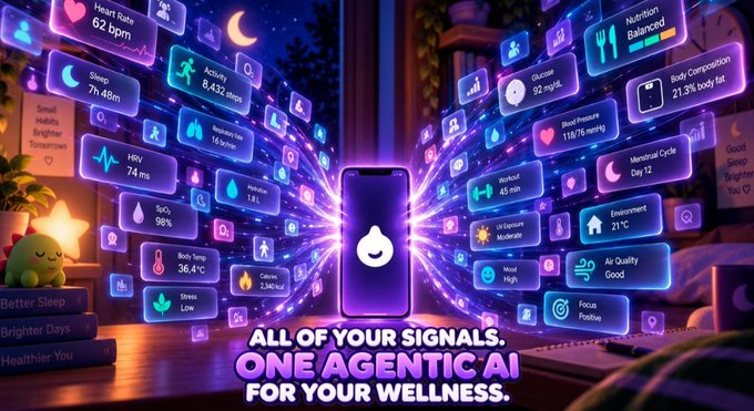 A vibrant promotional graphic featuring a central smartphone with floating holographic health metrics (heart rate, sleep, activity, nutrition, etc.) and the text "ALL OF YOUR SIGNALS. ONE AGENTIC AI FOR YOUR WELLNESS."