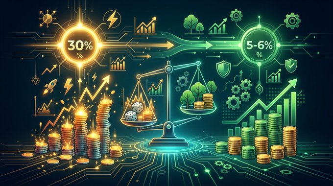 A digital illustration depicting a financial concept with a balance scale, stacks of gold and green coins, and arrows transitioning from '30%' on the left to '5-6%' on the right, representing a shift in growth or interest rates.