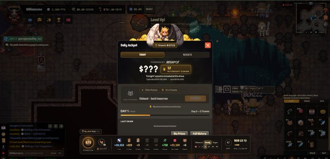 Screenshot of a video game interface, likely an MMORPG, showing a 'Level Up!' notification and a 'Daily Jackpot' popup with a 'RESPAWN' reward and random stats for 'POINTS and BLOOD' costing 75x Tickets.