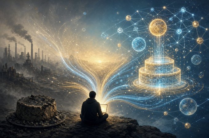 A surreal digital artwork showing a person sitting with a laptop, with streams of light flowing between a polluted industrial landscape on one side and a glowing, futuristic network of connected spheres on the other.