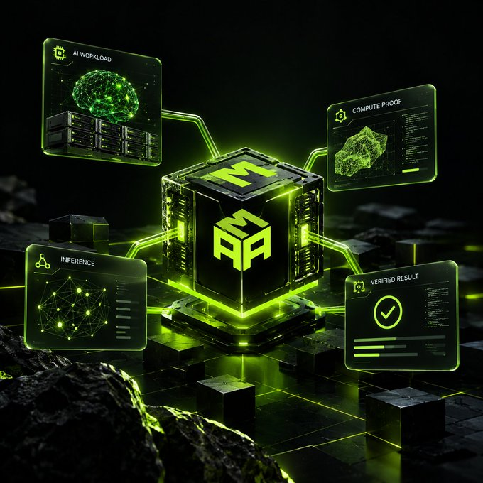 A futuristic 3D graphic featuring a central processing cube surrounded by holographic panels labeled 'AI WORKLOAD', 'COMPUTE PROOF', 'INFERENCE', and 'VERIFIED RESULT', all rendered in glowing neon green.