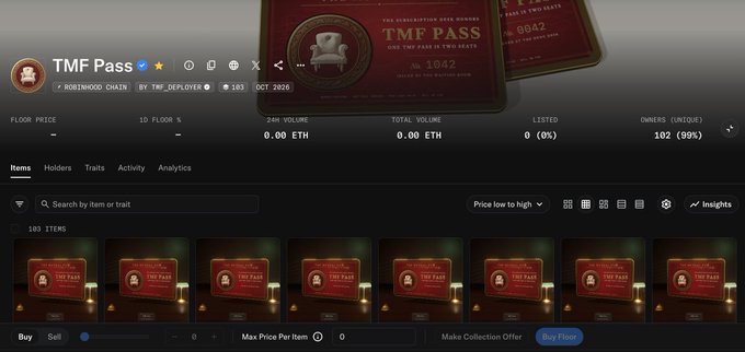 A screenshot of a NFT marketplace collection page for 'TMF Pass' showing 102 unique owners (99%) and 182 items, with no floor price or volume yet, indicating an unlaunched or inactive collection.