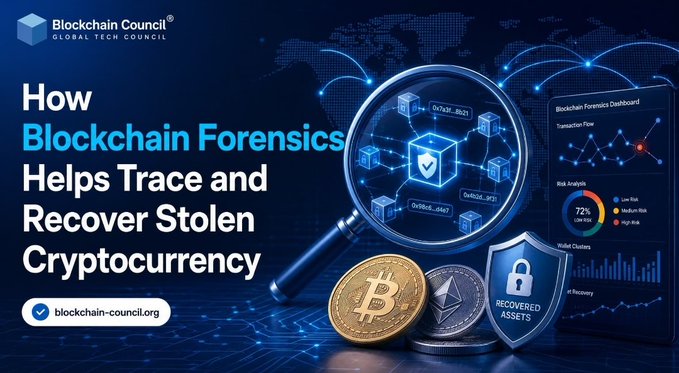 A banner for the Blockchain Council titled 'How Blockchain Forensics Helps Trace and Recover Stolen Cryptocurrency,' featuring images of Bitcoin, Ethereum, a magnifying glass, and a recovery shield.