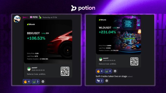 This image shows a post on a social media platform, likely Facebook or Twitter, where two images of cars are displayed side by side. The first car has the number "106%" associated with it, while the second one displays an unknown quantity such as "$WLD". There is also text in the image that seems to be related to gameplay. 

The post is about the recent release date and performance of a game called "Potion", which seems to have generated some interest among players. The conversation is happening on the platform's messaging system, with users interacting and discussing the game. A user mentions that they also went live for an event or something related to Potion today. Additionally, there are two separate messages sent in the same thread as the main post - one about the "live stage" going crazy and another about dropped calls during gameplay.