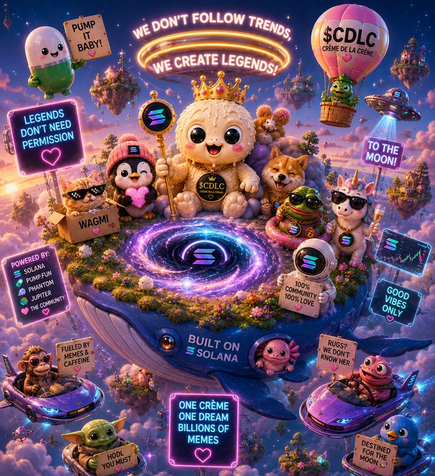 A vibrant promotional graphic for the "$CDLC" meme coin on Solana, featuring cute plush characters, the slogans "WE DON'T FOLLOW TRENDS, WE CREATE LEGENDS!" and "LEGENDS DON'T NEED PERMISSION," along with a label "BUILT ON SOLANA."