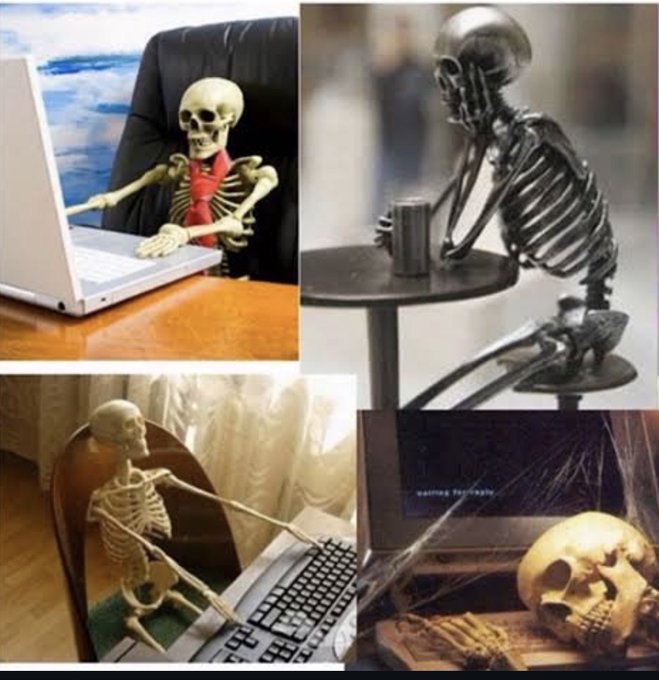 A humorous collage showing skeletons posed in various work-from-home scenarios: sitting at a laptop, resting its head on a table, typing on a keyboard, and slumped against a monitor displaying 'Waiting To Update'.