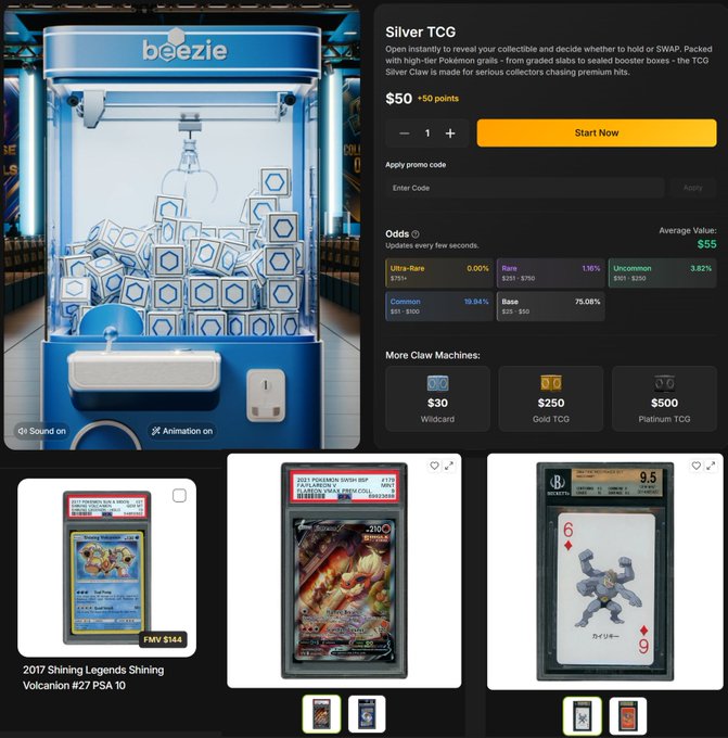 A screenshot of a digital claw machine game called 'beezie' featuring a Silver TCG Claw Machine with a $50 entry price (or use points), showing odds of various rarities (Ultra-Rare, Rare, Uncommon, Common, Base) and a selection of Pokémon trading cards including 2017 Shining Legends Shining Volcanion #27 PSA 10.
