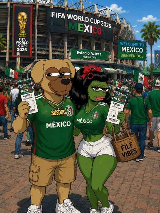 The image features a man and woman standing next to each other with their dog, both holding tickets for an event. The scene takes place at a soccer stadium or a similar venue, as indicated by the presence of a large crowd gathered around them. The couple is posing for a picture in front of a sign that reads "Welcome to Mexico". The image also includes text about SusDogX and a post on social media, suggesting that this event might be related to SusDogX's participation or promotion at the World Cup.