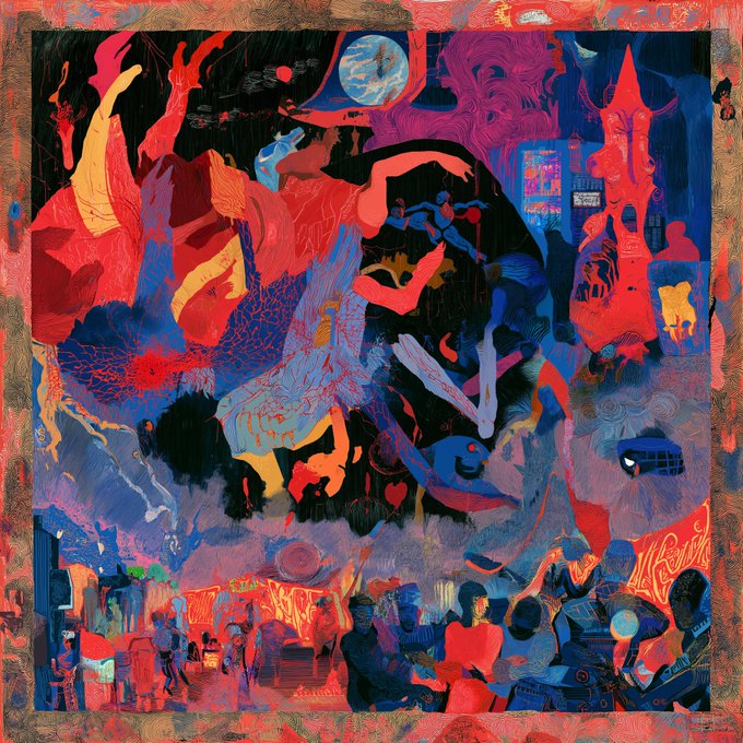 A surreal, vividly colored painting featuring abstract human figures, a large bird-like creature, and cosmic elements dominated by intense reds, blues, and purples.