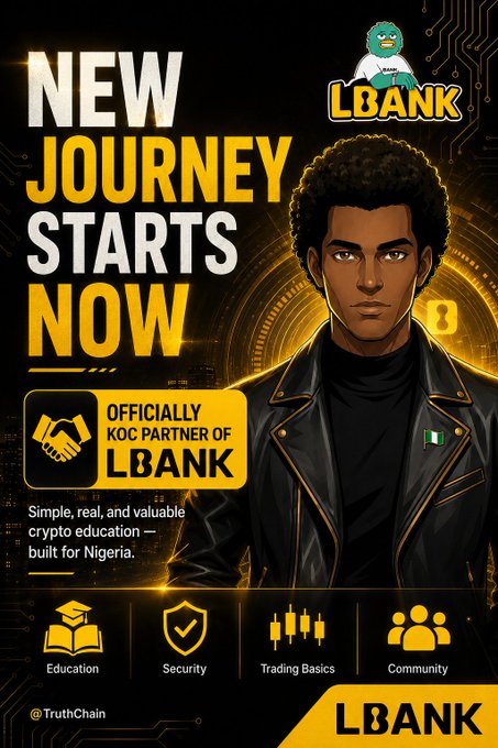 Promotional poster for LBANK's 'NEW JOURNEY STARTS NOW' campaign, announcing it as the Official KOC Partner for crypto education in Nigeria, featuring an illustrated character in a leather jacket.