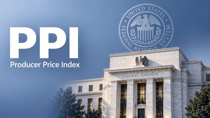 The image features a graphic highlighting "PPI - Producer Price Index" overlaid on a photo of the Federal Reserve building, with the U.S. Federal Reserve System seal prominently displayed. The accompanying post reports hotter-than-expected August PPI data (5.4% YoY headline, 4.6% YoY core), which the post suggests could strengthen Federal Reserve rate hike bets.