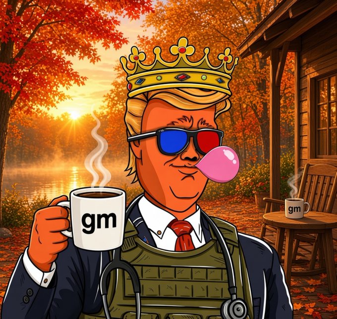 A cartoon illustration of a blonde figure wearing a crown, 3D glasses, and tactical gear while blowing a bubble gum bubble and holding a "gm" mug, with another "gm" mug on a nearby table.