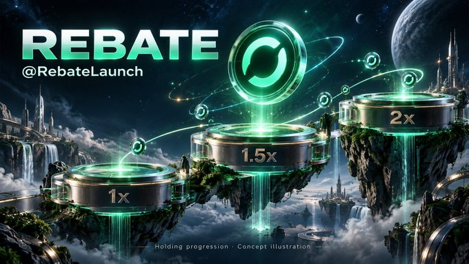 A futuristic crypto-themed illustration labeled “REBATE @RebateLaunch” shows floating platforms marked “1x,” “1.5x,” and “2x,” with small footer text reading “Holding progression · Concept illustration.”