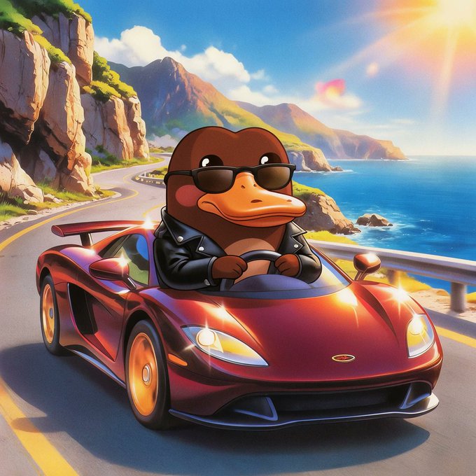 A cartoon duck wearing sunglasses and a black leather jacket drives a sleek red sports car along a scenic coastal highway, with rugged cliffs, blue ocean, and bright sunlight in the background. The post "Filling out the dexscreener update form now stay tuned cuties :3" paired with this image hints at upcoming project updates, using the confident, stylish duck driver as a playful mascot to build anticipation for an imminent announcement.