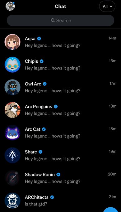 A mobile chat interface showing a list of multiple users including Aqsa, Chipis, Owl Arc, Arc Penguins, Arc Cat, Sharc, Shadow Ronin, and ARChitects all sending the message 'Hey legend.. hows it going?', with ARChitects asking 'is that gtd?'.