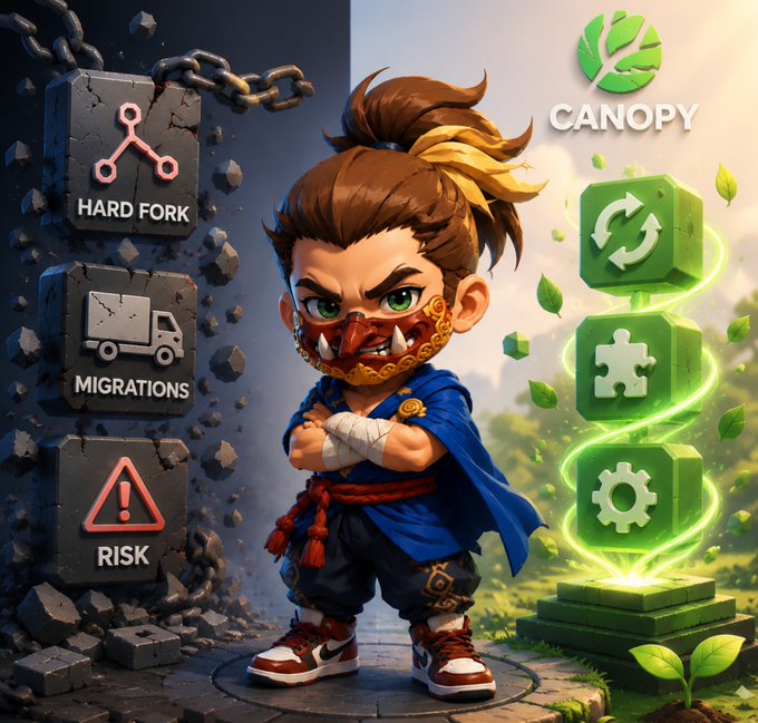 A promotional graphic for CANOPY showing a young ninja-like character in the center, with dark stone blocks on the left labeled 'HARD FORK', 'MIGRATIONS', and 'RISK', and glowing green icons on the right representing update, integrate, and configure features.