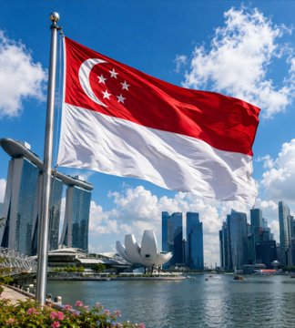 The image shows Singapore's red and white flag with its crescent moon and five stars waving in front of the city's iconic skyline, including Marina Bay Sands and the ArtScience Museum by the waterfront. This visually represents Singapore, which is the headquarters of Genius Group, the company announcing its ambitious $827 million Bitcoin treasury plan.
