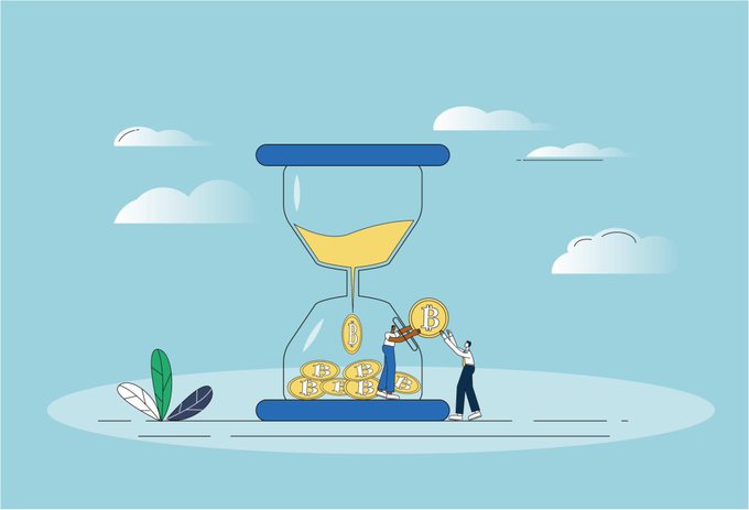 A digital illustration of two tiny people interacting with an hourglass filled with yellow sand and Bitcoin coins, set against a light blue sky with clouds.