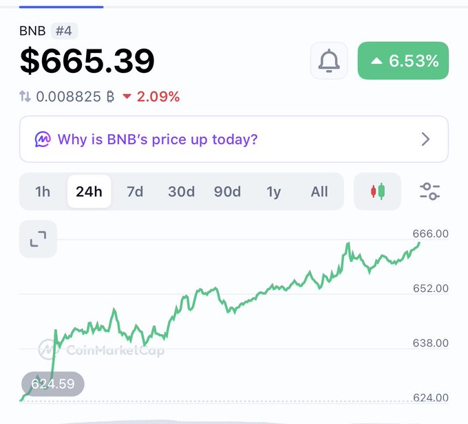 The image shows a CoinMarketCap price chart for BNB (#4), trading at $665.39 with a 6.53% gain over 24 hours, climbing from $624.59 toward $666.00. The post's mention of "#BNB is at $666 again" aligns with the chart's current price nearing the $666.00 resistance level.