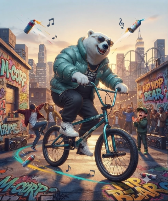 A vibrant digital illustration of an anthropomorphic polar bear wearing sunglasses and a teal puffer jacket riding a BMX bike through an urban hip-hop scene with spray cans and graffiti like 'M-CORP' and 'HIP HOP BEAR'.