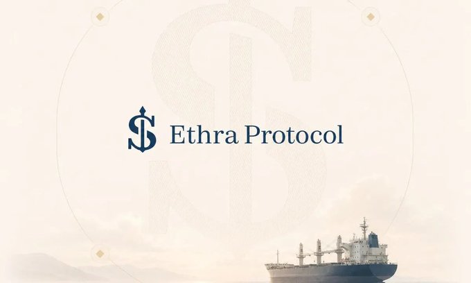 A promotional banner for 'Ethra Protocol' featuring a stylized logo and a cargo ship against a cream background with a faint '$' watermark.