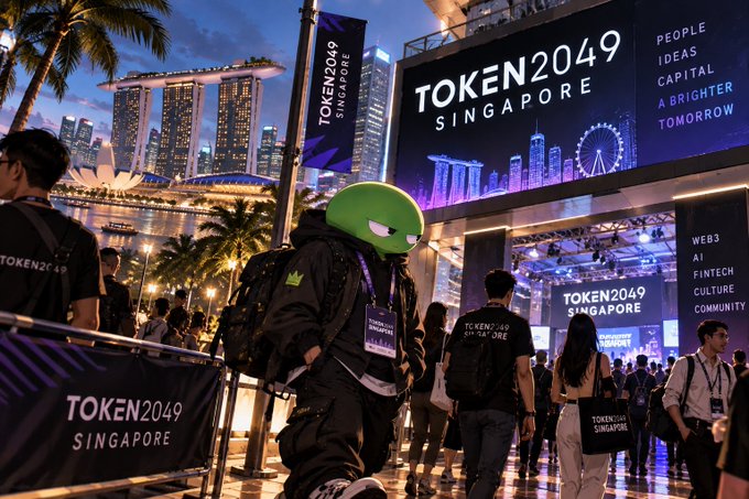 A person wearing a green Pepe the Frog head mask stands at the TOKEN2049 Singapore conference, with the Marina Bay Sands visible in the background.