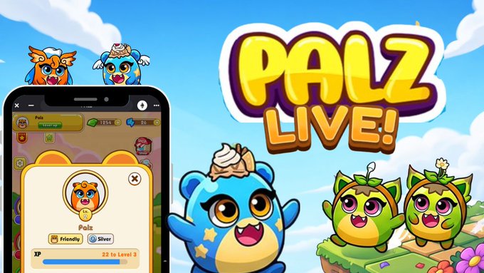 Promotional artwork for a mobile game called 'PALZ LIVE!' featuring colorful, cartoonish bear-like creatures with one in a fried egg costume, shown alongside a smartphone displaying the game interface.